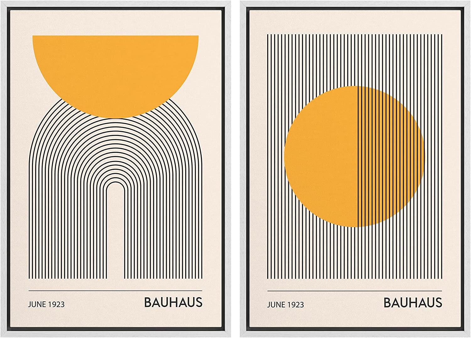 Mid Century Modern Boho "Bauhaus Sun" 2-Piece Set, 36" H x 48" W, White Floater Framed