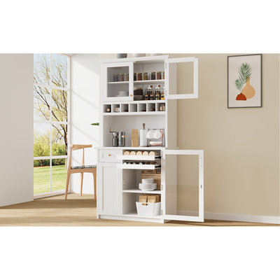 [Assembly Video Provided] TOPMAX Farmhouse 35.4x17.7x74.8inch Freestanding Buffet with Hutch, Tall Kitchen Pantry Storage Cabinet with Wine Rack and Adjustable Shelves for Dining Room, White