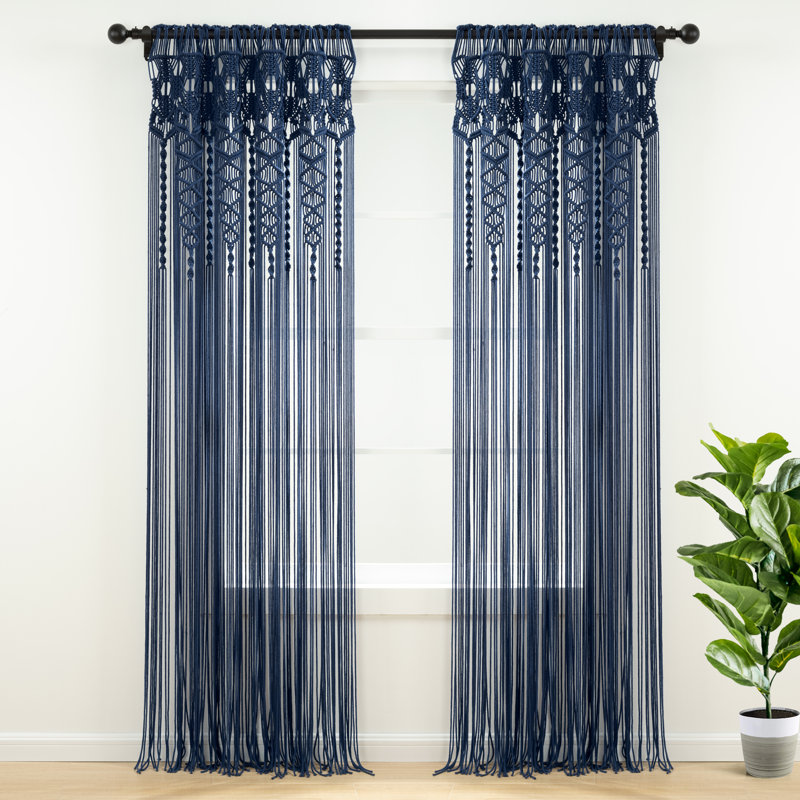 Boho Macrame Textured Cotton Cotton Sheer Curtain Single Panel, Navy