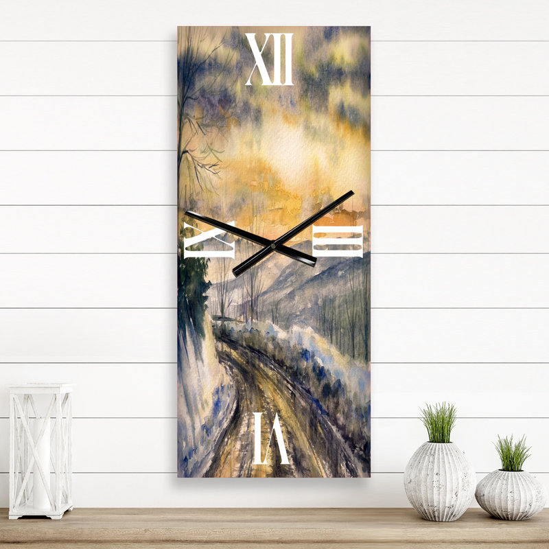 Paysage d'hiver avec route sous un coucher de soleil brillant - Horloge murale traditionnelle, Petit