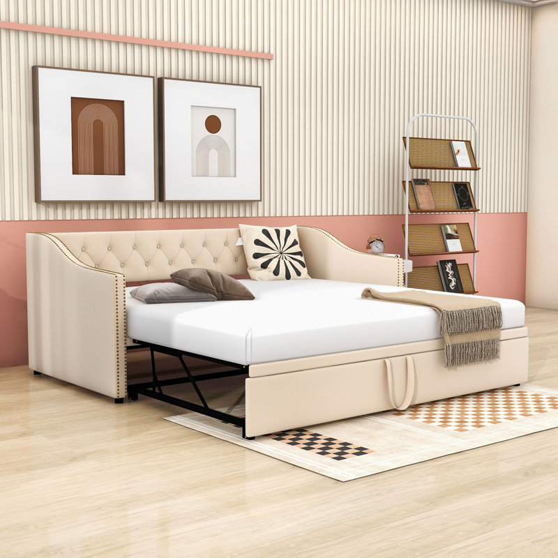 Lit de jour rembourré avec lit gigogne escamotable simple, conception peu encombrante, Beige