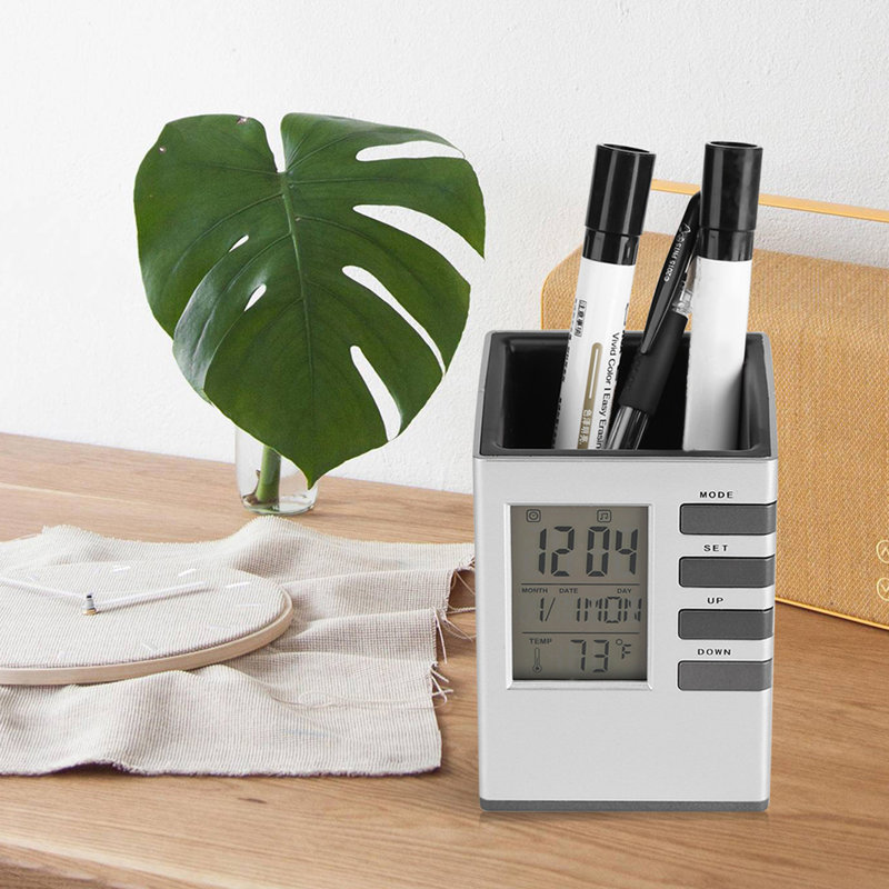 Multi function LED Digital LCD Screen Temperature display Alarm Clock Pen Holder Case Gift