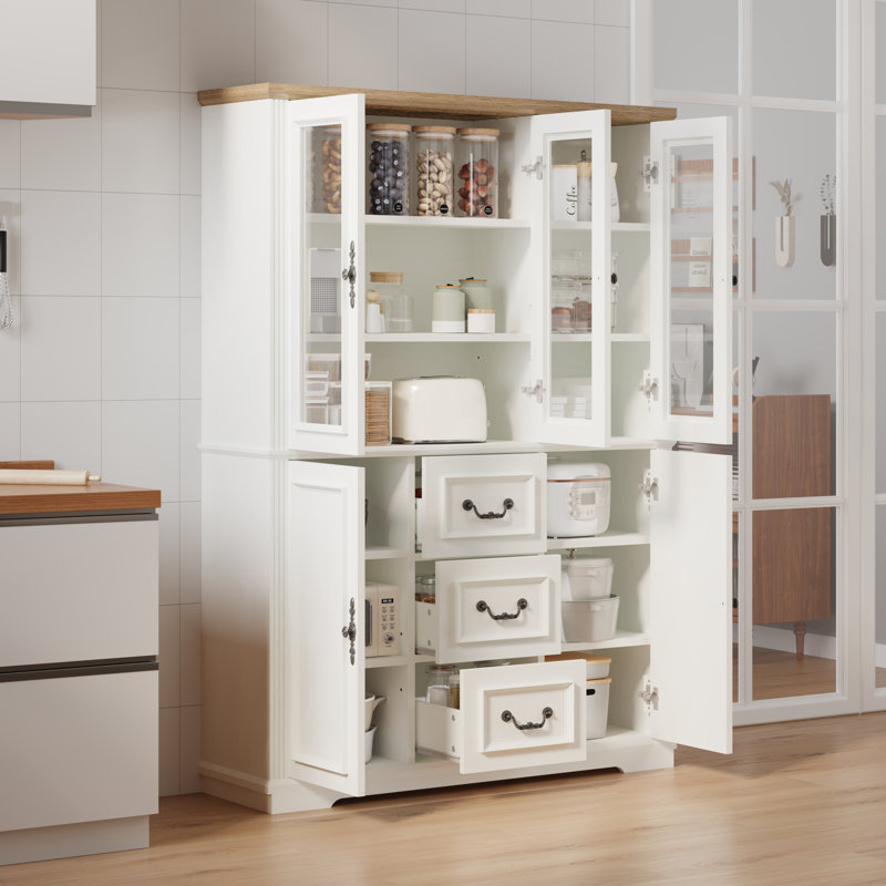 70" Tall Kitchen Pantry Dining Cabinet, White/Brown