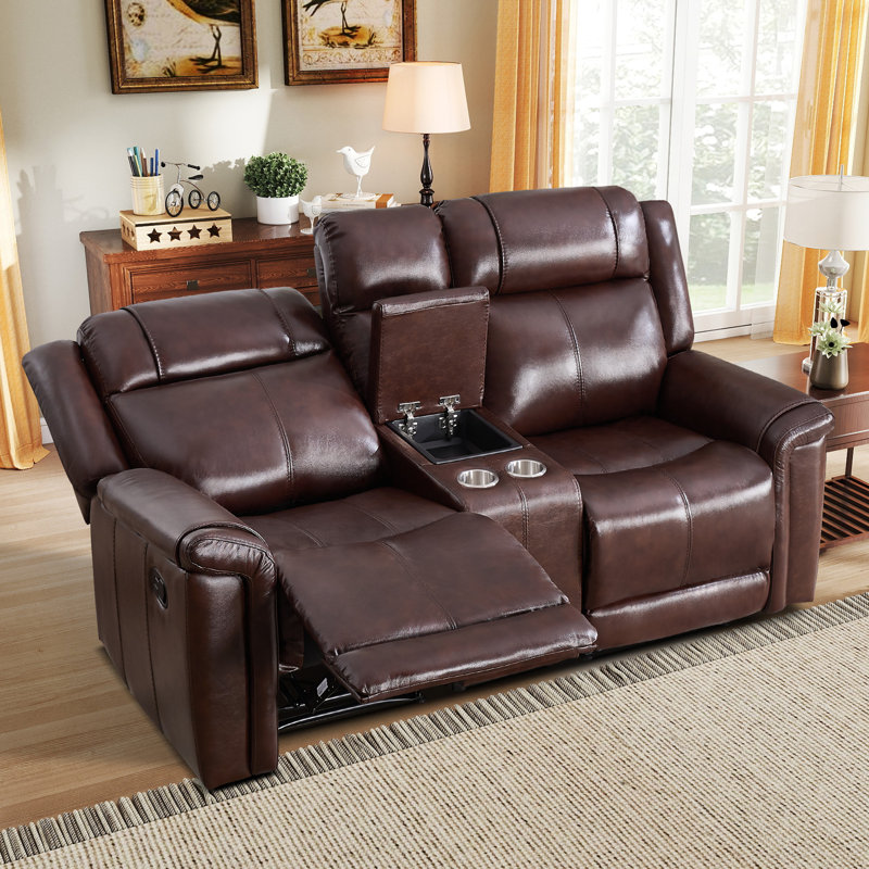 Causeuse inclinable en cuir véritable de 75 po de largeur avec console centrale et porte-gobelets