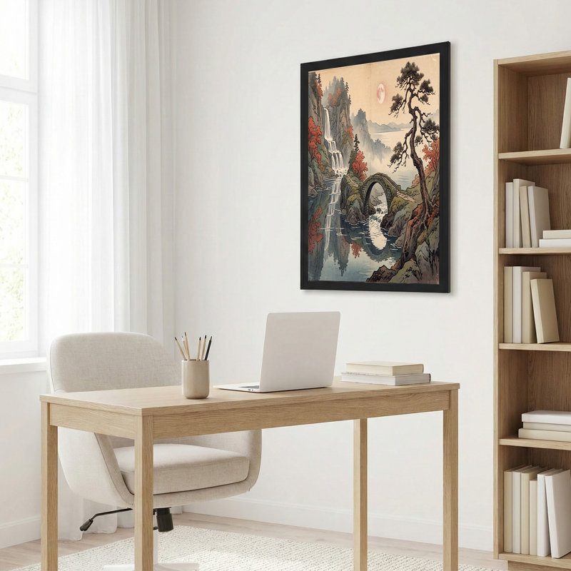 Art japonais sur toile, cascade japonaise et pont de pierre sous la lune rose, H 16 po x l 24 po