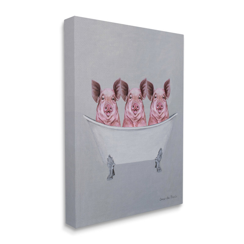 " Three Pink Pigs In Tub Adorable Bathroom Illustration " by Coco De Paris, Wrapped Canvas, 16" W x 20" H