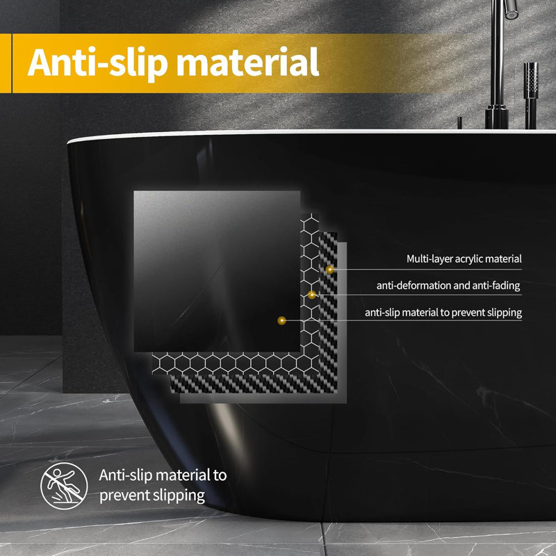 59" Deep Soaking Bathtub, Non-Slip Acrylic Tub with Chrome Drain, cUPC Certified, Ergonomic Modern Bath for Bathrooms, Easy-Install, Black Symmetrical