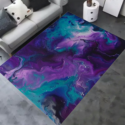 Purple Teal Abstract Fluid Art Soft Fluffy Velvet Area Rug for Living Room Bedroom, Non-Slip Washable Carpet, Chic Minimalist Home Decor 4.6x6.6ft
