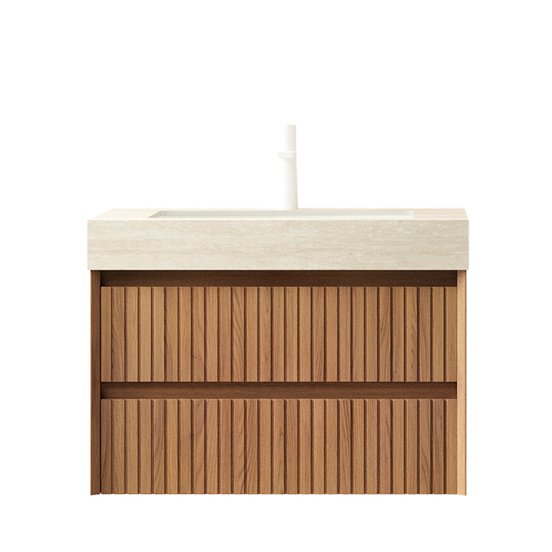 Meuble-lavabo de 30 po avec lavabo, rangement flottant rayé en contreplaqué, 2 tiroirs, comptoir en pierre frittée, lavabo en céramique, mécanisme de tiroir à fermeture en douceur, E0, étapes d'installation facile avec