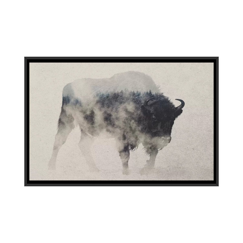 «Bison in The Fog», reproduction de photo sur toile tendue, H 18 po x l 26 po x P 1,5 po, Toile avec cadre noir, Pas de tapis