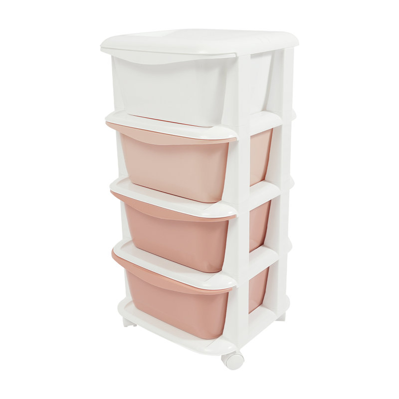 4 Drawer Storage Drawer with Wheels, White/Pink