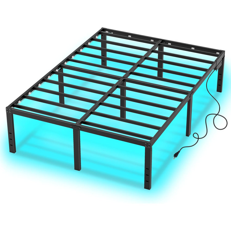 14 Inch Platform Bed Frame With Led Lights Charging Station Black Metal Mattress Foundation No Box Spring Needed Large Storage Space Anti-Noise