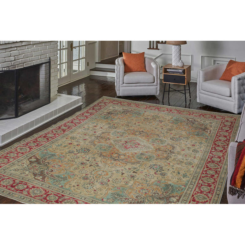 Tapis beige / rouge en laine noué à la main de style oriental Madon