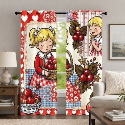 Lot de 2 rideaux à œillets, motif fille mignonne avec panier de pommes, style rétro, thème de dessin animé vintage, décoration pour chambre et salon.