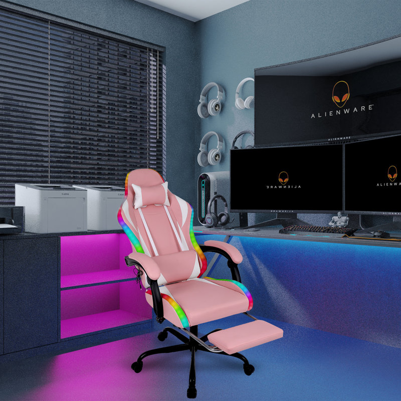 Fauteuil de jeu ergonomique inclinable en similicuir, pivotant et jeu vidéo de massage avec repose-pieds, Blanc/Noir