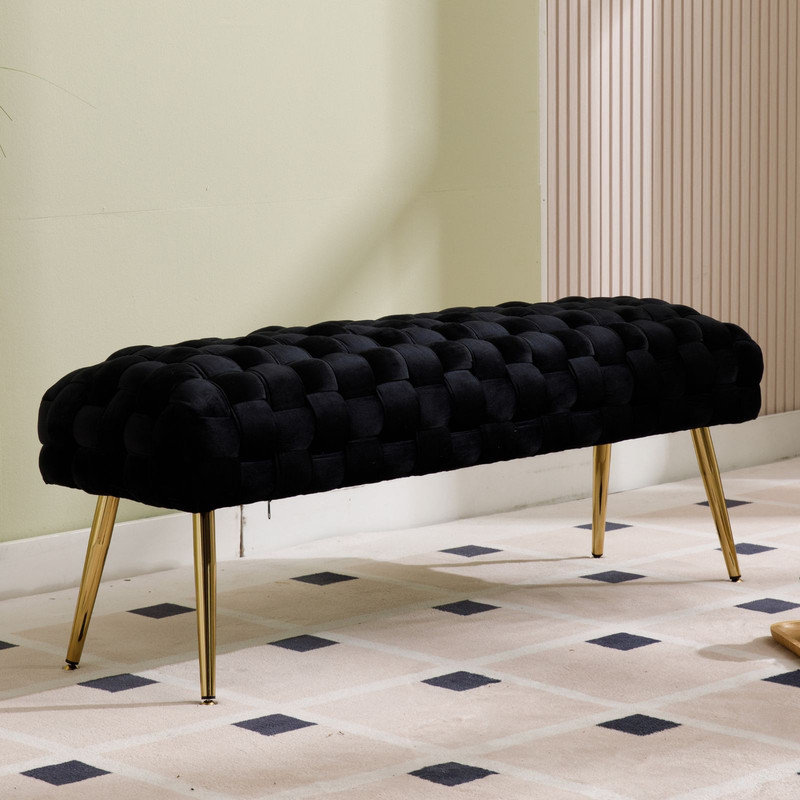 Woven‑Texture Ottoman Bench End‑of‑Bed Bench Floor‑Friendly Golden Metal‑Leg Bench for Living Room, Bedroom and Entryway