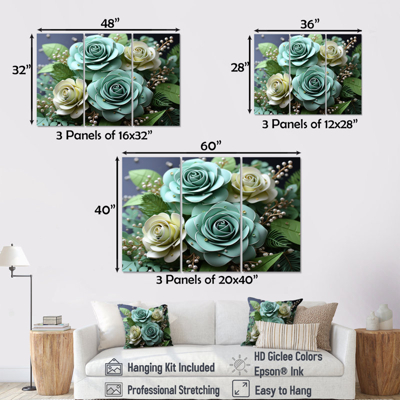 Méticuleusement rendu roses I - ensemble de décorations murales roses, H 28 po x l 36 po x P 1 po