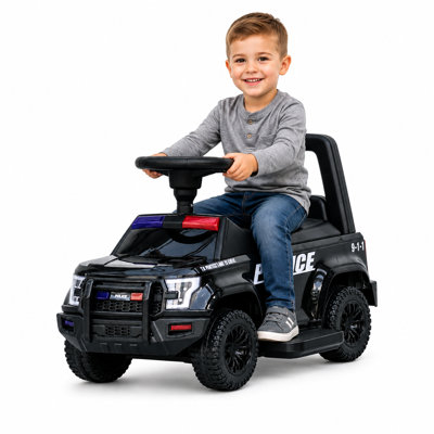 Véhicule électrique pour enfants 6V 4AH, édition police, avec sirène, gyrophares, mégaphone et musique Bluetooth.