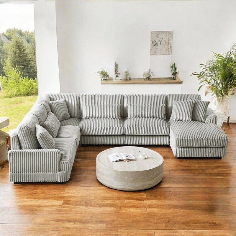 4-Piece Corduroy Upholstered Sectional Sofa, Gray Corduroy
