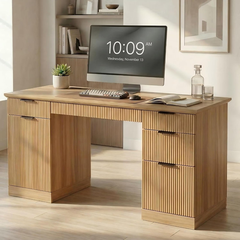 58" Fluted Modern Desk With Storage, Wood Home Office Desk With 1 File Cabinet, 3 Drawers & Charging Station, Natural Wood