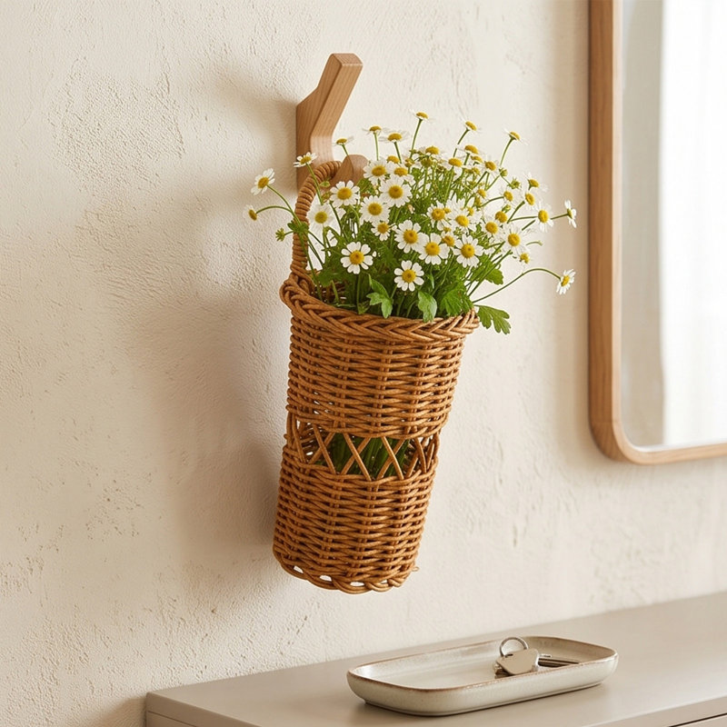 Boîte de conservation fraîche, range-couverts mural tressé pour couteaux, fourchettes, baguettes, dentifrice et brosses à dents, panier suspendu décoratif avec fleurs artificielles