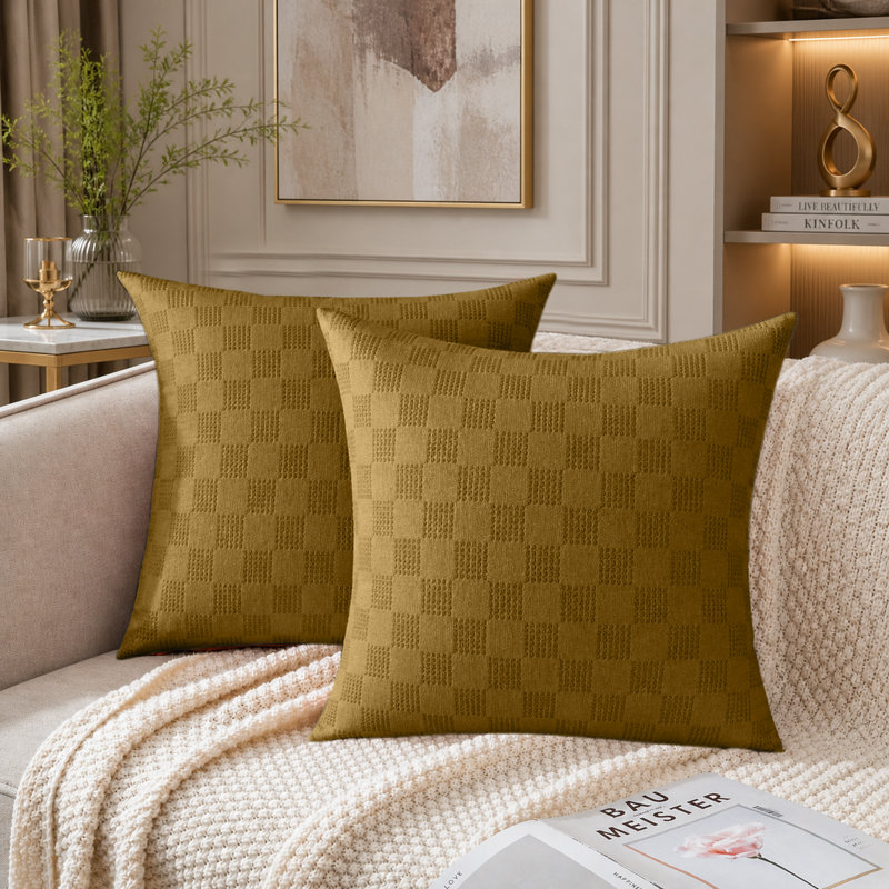 Check Pattern Velvet Cushion Covers Set of 2 – Soft Textured Scatter Pillow Covers for Sofa, Bed & Living Room , Rust