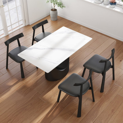 5-Piece Modern Rectangular Sintered Stone Dining Table Set With 4 Faux Leather Chairs