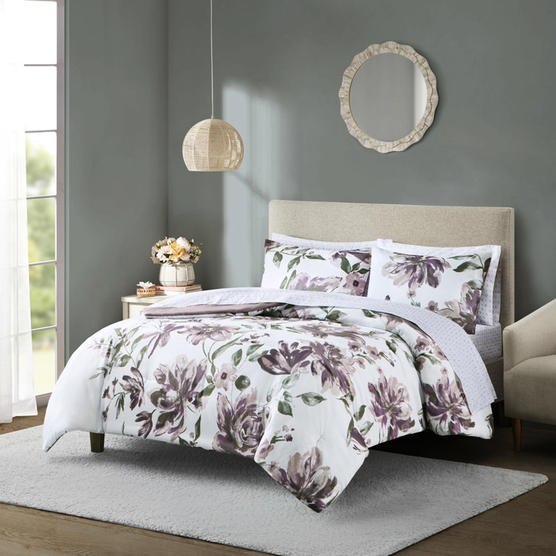 Motif floral mauve avec feuilles, Édredon de grande taille et 5 pièces supplément