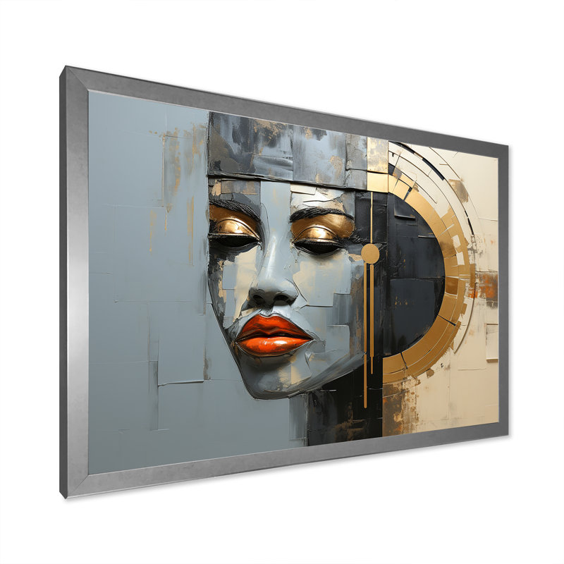 «Gray Gold Paint Collage Portrait», reproduction d'art sur toile, Cadre photo argenté, H 34 po x l 44 po x P 1,5 po