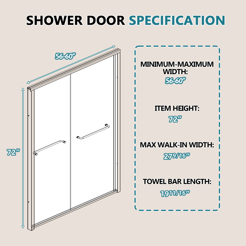 Porte de douche double vitrée réversible en verre trempé transparent de 56 à 60 po x H 72 po, Noir mat