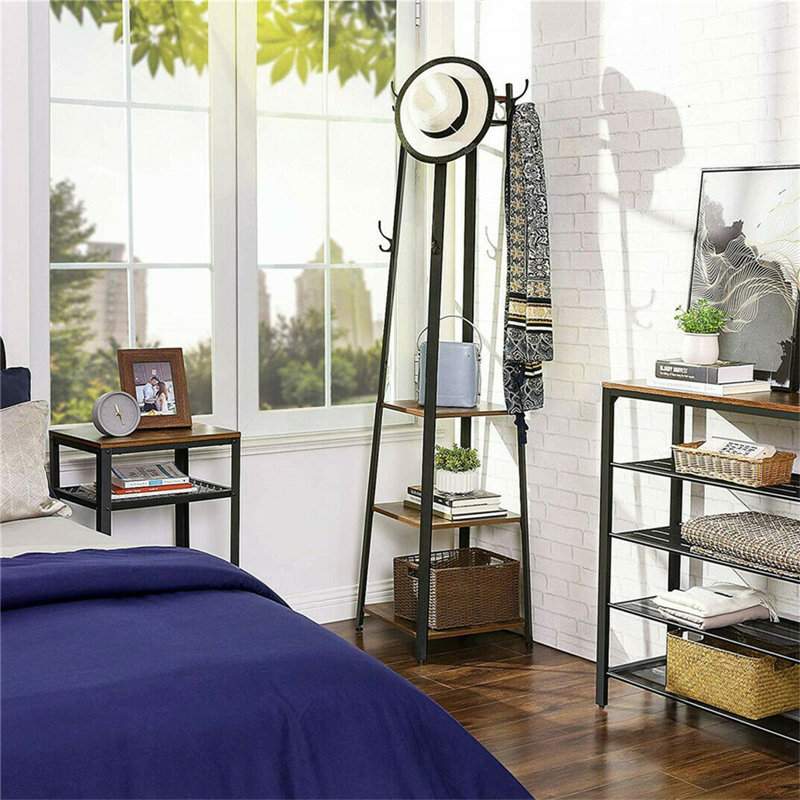 Tall 8- Hooks Freestanding Coat Rack With Storage Shelves Coat Rack Stand