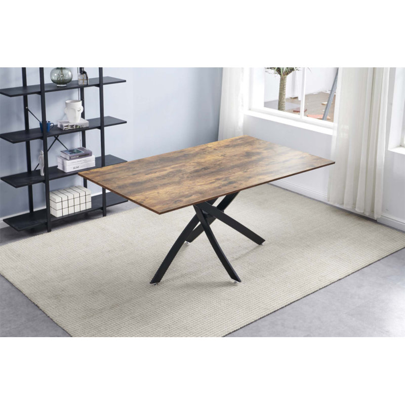 Table de salle à manger rectangulaire en panneau de fibres à densité moyenne avec plateau imprimé et base en métal durable, parfaite pour les espaces de salle à manger modernes et élégants