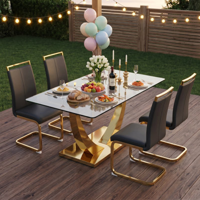Modern Glam 63" Tempered Glass Dining Set with U-Base and Cantilever Chairs