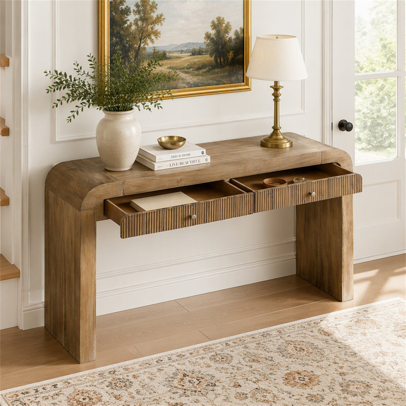 Console rustique avec tiroir cannelé, coins arrondis et pieds épais pour le vestibule ou le salon, Bois naturel