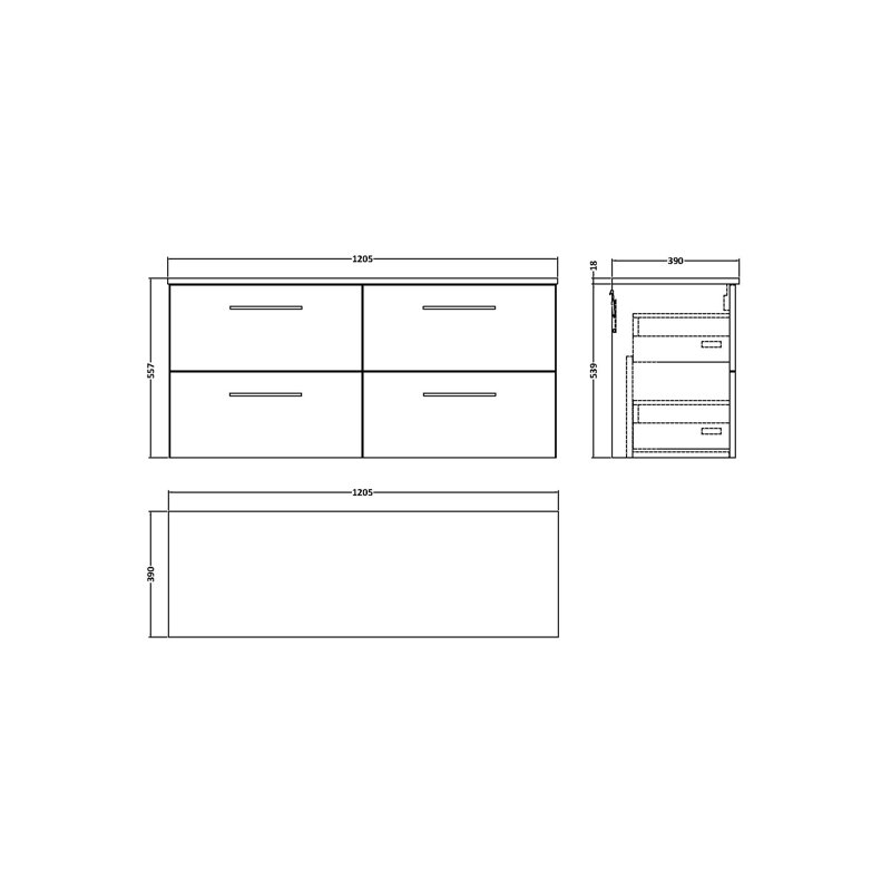 Arno 1205mm Wall Hung Single Vanity with Worktop, Charcoal Black