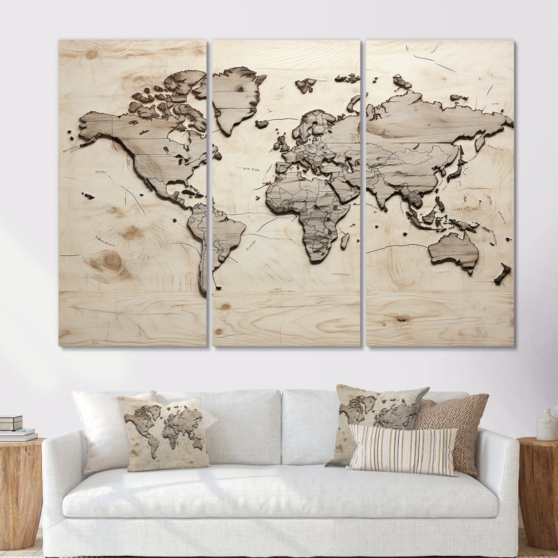 Rustic Route World Map - ensemble d'art sur toile carte du monde, Toile tendue, H 32 po x l 48 po x P 1 po