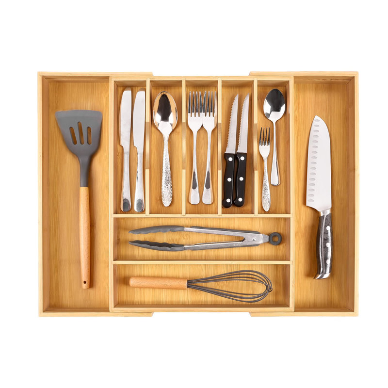 Grand range-ustensiles en bambou de qualité supérieure - Organisateur de tiroir à ustensiles extensible - Porte-ustensiles 17 po x 19,6 po et plateau à couverts avec ustensiles de cuisine et ustensiles de cuisine