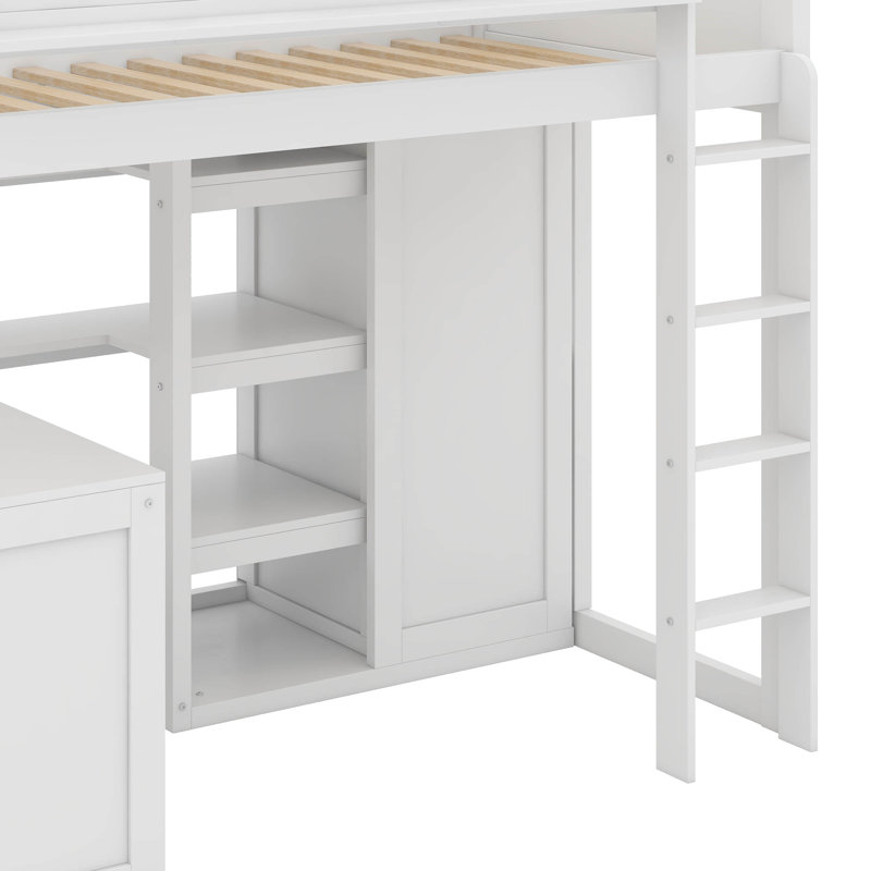 Lit mezzanine simple avec tablettes et garde-robe, Blanc
