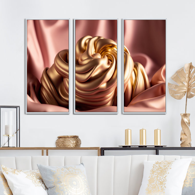 Luscious liquide or en rose et taupe VII - impression sur toile 3 pièces, H 32 po x l 48 po x P 1 po, Toile avec cadre blanc