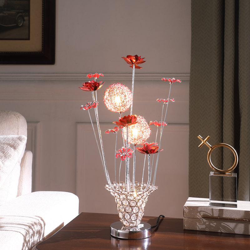 Lampe de table décorative, DEL, vase en cristal Red Roses Trumpet, chrome 21 po