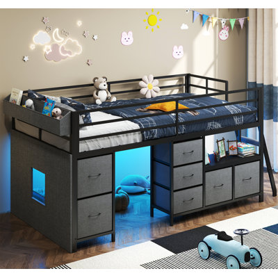 Lit mezzanine simple avec 7 tiroirs de rangement et lumières DEL, échelle inclinée et espace de jeu sous le lit