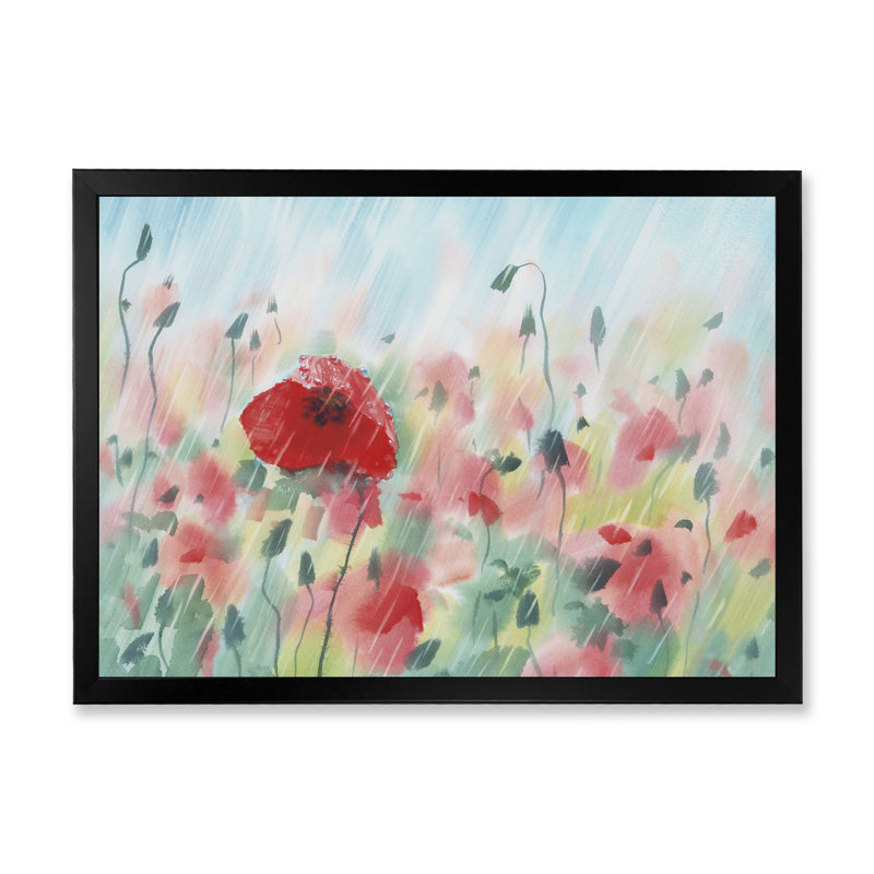 «Red Poppy Field Under The Rain», reproduction sur toile, Cadre d'angle fermé noir, H 16 po x l 32 po x P 1 po