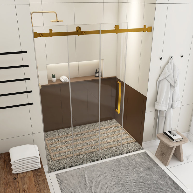 56-60.In W X 76.In H Frameless Single Sliding Shower Door,1/4 In Thick Clear Tempered Glass, Explosion Proof Film, Stainless Steel Handle Square Tube Track ,Brushed Gold