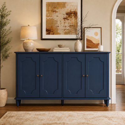63-Inch Blue Farmhouse Sideboard Buffet Cabinet with 4 Doors, Soft-Close Hinges, Decorative Panels and Elevated Tapered Legs