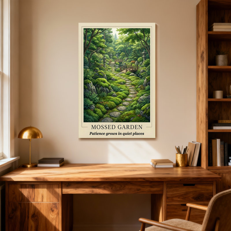 Landscape & Nature Mossed Garden Pathway With Lush Greenery And Stone Bridge, 36" H x 24" W