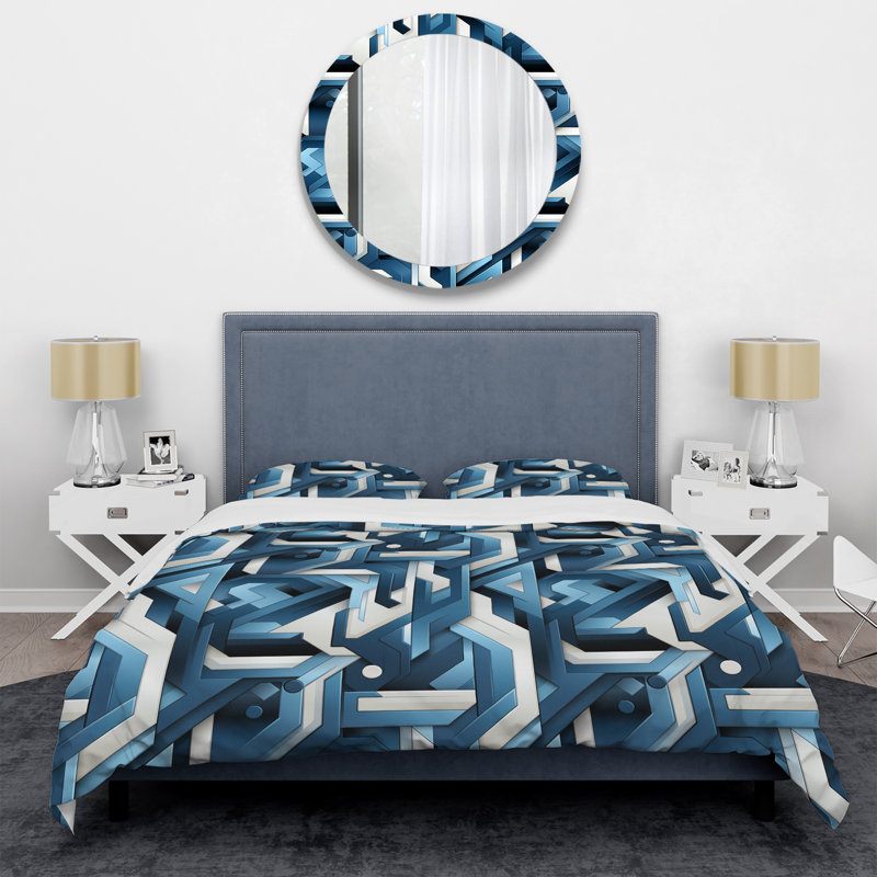 Ensemble de housse de couette à motif géométrique blanc et bleu, Housse de couette pour très grand lit et 2 très