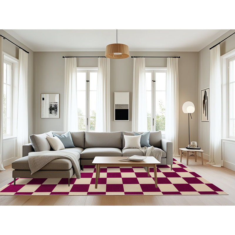 Machine Washable Checkered Beige Area Rug, Rectangle 8' x 12'