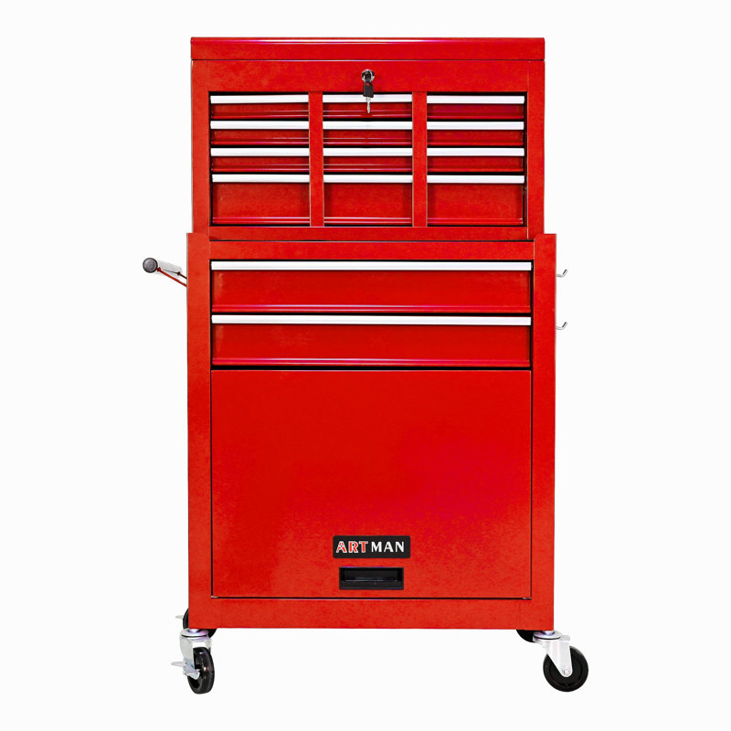 Coffre à outils roulant à grande capacité avec roulettes et tiroirs, armoire de rangement pour outils à 8 tiroirs, Rouge