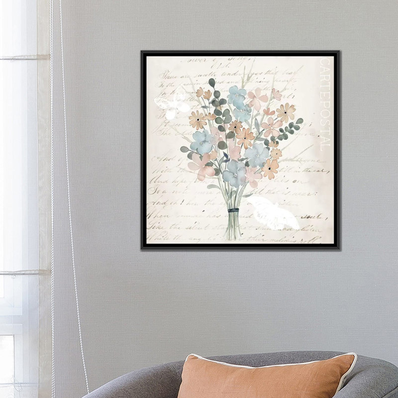 « fleurs pastel i », impression sur toile, H 18 po x l 18 po x P 1,5 po, Toile avec cadre noir, Pas de tapis
