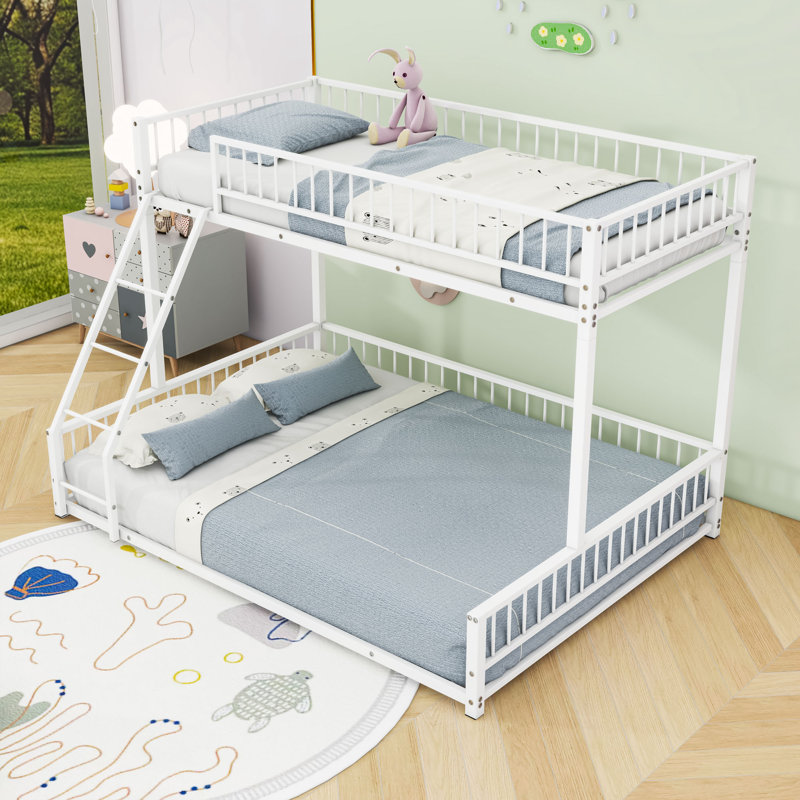 Metal Bunk Bed With Ladder And Guardrails, Twin XL over Queen, White